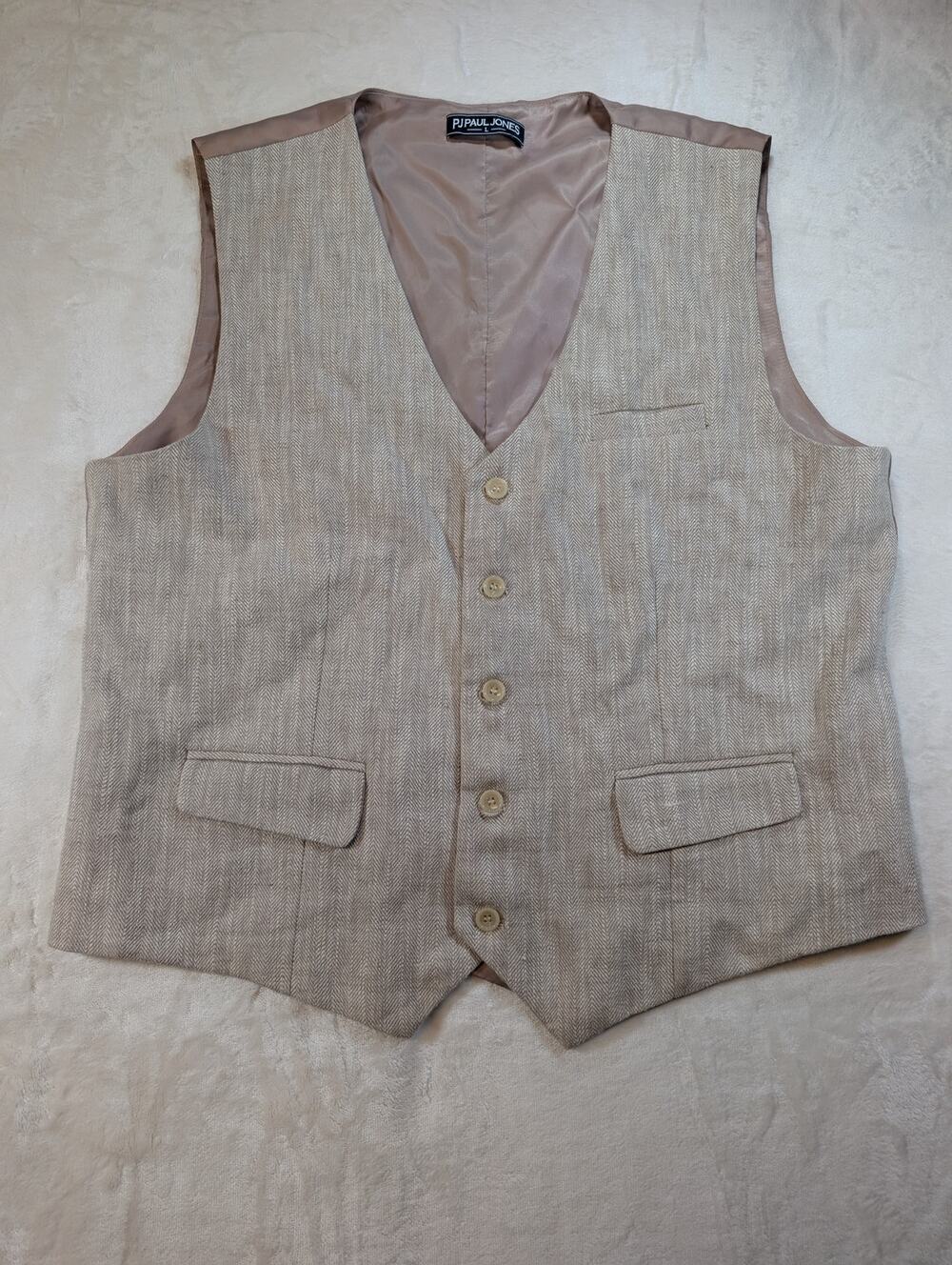 PJ Paul Jones Men's Herringbone Vest Beige Linen Button Front Waistcoat L
